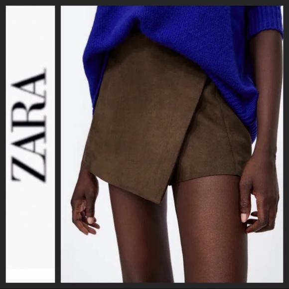 Zara Brown Suede Skort with Zipper Detail - Picture 2 of 7